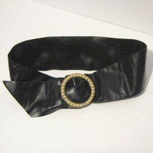 Wide Black Leather Belt with Gold Tone Metal Buckle with Faux Pearls